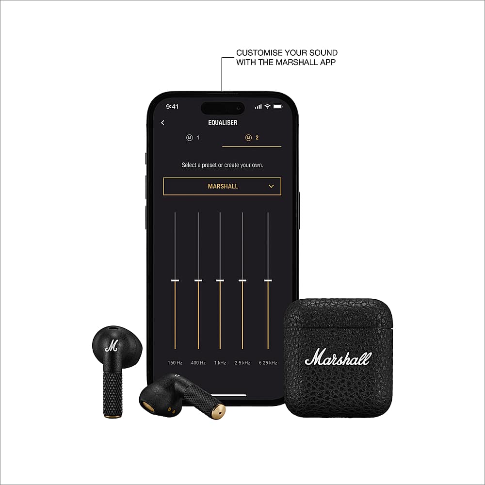 Customise your sound with the Marshall app. 9:41 Equaliser - 1 a 2 Select 2 preset or create your own. Marshall M 160 2 400 H2 1 SHE 2.5 AHZ 6.25 6 K2 Marshall.