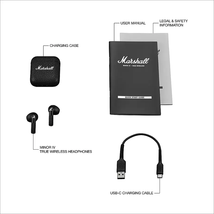 Marshall MIROS i - True Wireless Headphones:

1. Charging Case
2. Marshall MIROS i - True Wireless Headphones
3. USB-C Charging Cable
4. User Manual
5. Legal & Safety Information
6. Quick Start Guide