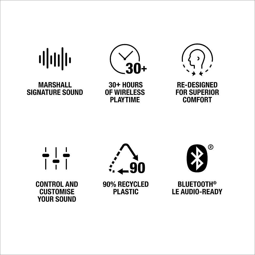 Marshall Signature Sound: 30+ hours of wireless playtime, re-designed for superior comfort.
Control and customize your sound: 90% recycled plastic, Bluetooth LE Audio-ready.