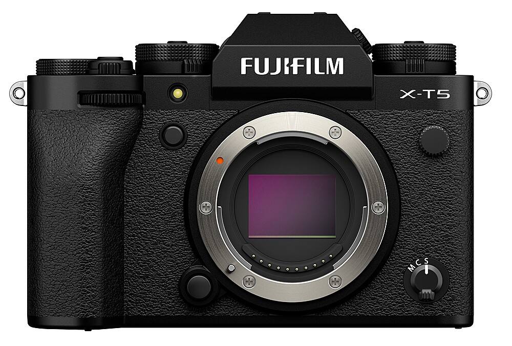 The image features a FUJIFILM X-T5 camera, which is a digital camera. The camera has a large lens and a viewfinder, making it suitable for capturing high-quality images. The camera is black in color and has a sleek design. The FUJIFILM brand is prominently displayed on the camera, indicating its manufacturer.