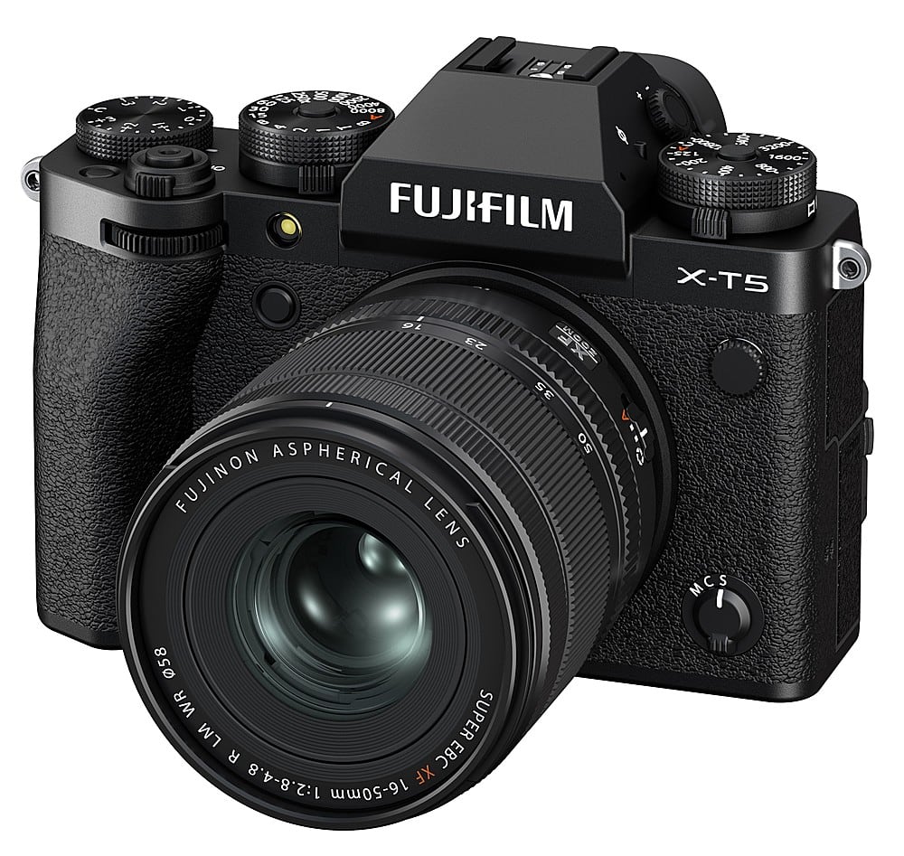 The image features a black Fujifilm X-T5 camera with a large lens attached to it. The camera is positioned in a way that the lens is prominently visible, showcasing its features. The camera is likely designed for professional use, as it is equipped with a high-quality lens and advanced features.