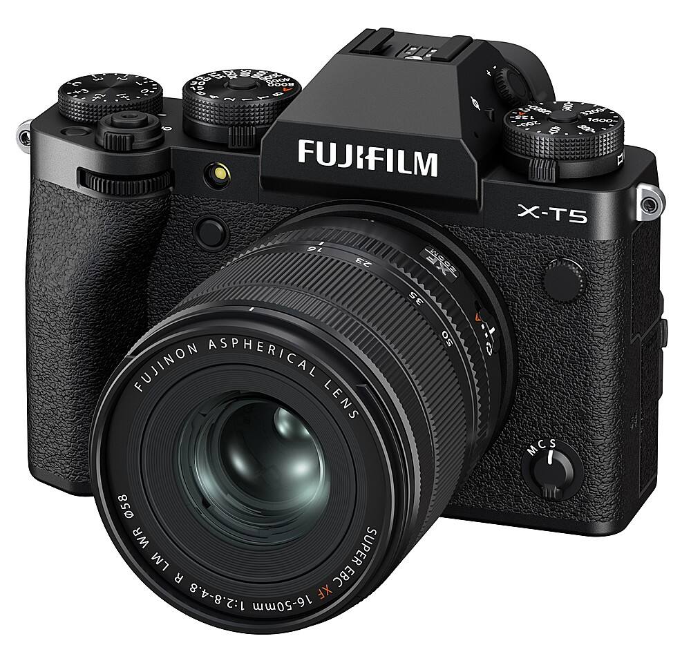 The image features a black Fujifilm X-T5 camera with a large lens attached to it. The camera is positioned in a way that the lens is prominently visible, showcasing its features. The camera is likely designed for professional use, as it is equipped with a high-quality lens and advanced features.