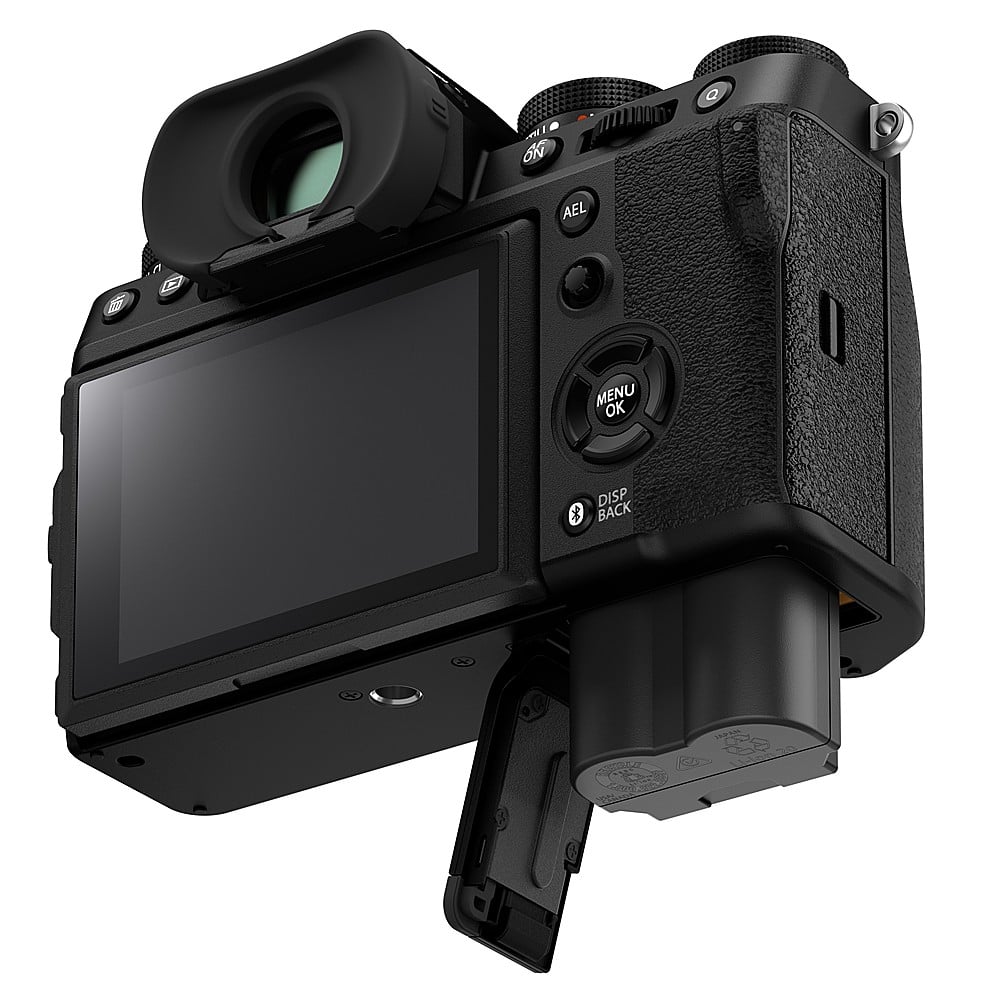 The image features a black digital camera with a large screen on the front. The camera has a menu button on the top left side and a back button on the top right side. The screen occupies a significant portion of the camera, making it a prominent feature.