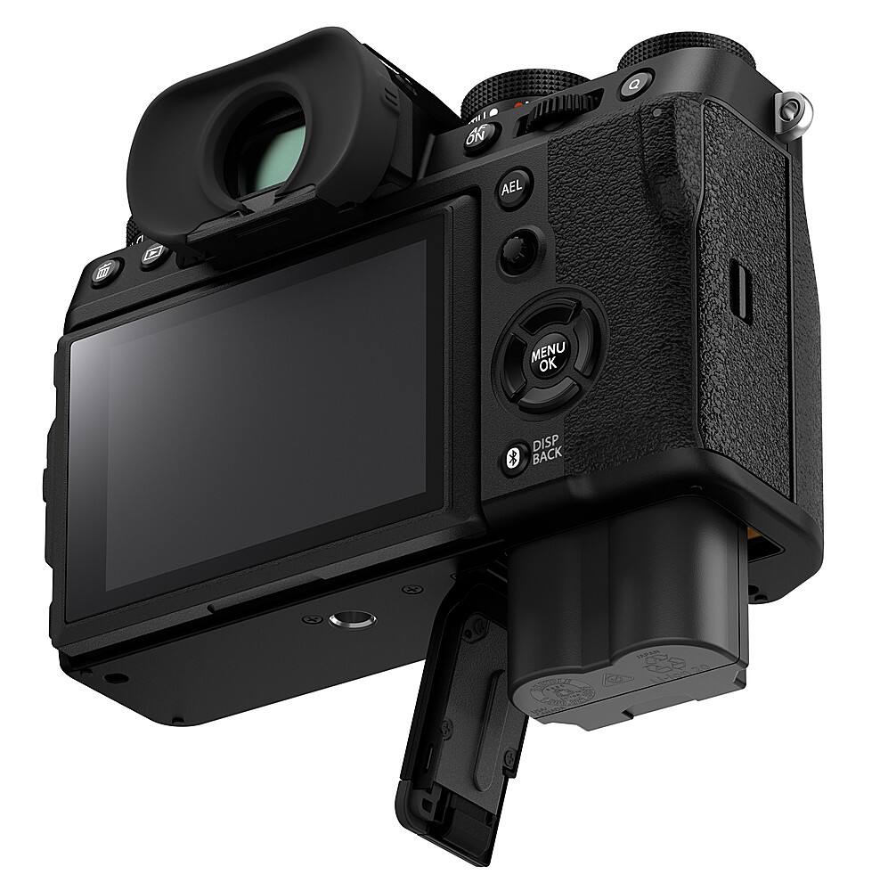 The image features a black digital camera with a large screen on the front. The camera has a menu button on the top left side and a back button on the top right side. The screen occupies a significant portion of the camera, making it a prominent feature.