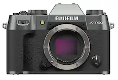 The image features a FUJIFILM X-T50 camera with a large lens. The camera is in focus, and the lens is positioned in front of the camera. The image is categorized as a digital camera, and the FUJIFILM X-T50 camera is a popular choice for photographers due to its advanced features and high-quality image output.