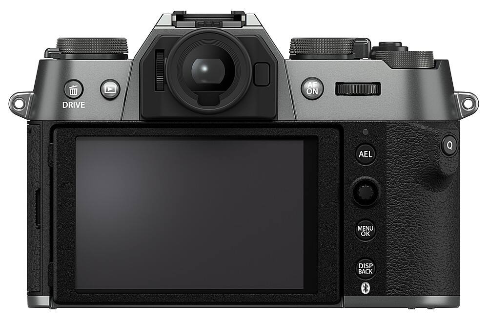 The image features a digital camera with a large screen and a viewfinder. The camera has a black and silver color scheme, and it appears to be a professional-grade camera. The camera has a viewfinder on the top, and the screen is large, occupying a significant portion of the camera's front. The camera also has a few buttons, including a drive button, an AF button, and an AEL button, which are likely used for different camera functions.
