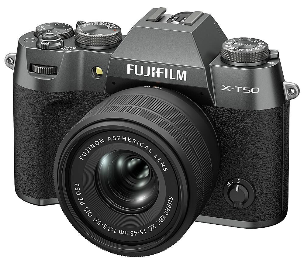 The image features a Fujifilm X-T50 camera with a Fujinon aspherical lens. The lens is large and prominently displayed in the foreground, while the camera body is positioned in the background. The camera is designed to capture high-quality images and is equipped with advanced features, such as a 1:3.5-5.6 EBC XC 15-45mm MCS lens for improved zoom capabilities. The camera is also equipped with a Super OIS feature for better image stabilization, making it suitable for various photography needs.