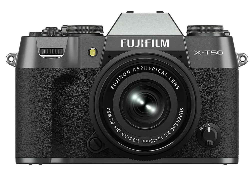 The image features a FUJIFILM X-T50 camera with an aspherical FUJINON lens. The lens has a focal length of 15-45mm and a maximum aperture of f/3.5-5.6. The camera is designed with a compact and lightweight body, making it suitable for various photography needs.