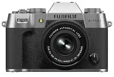 The image features a FUJIFILM X-T50 camera with an aspherical FUJINON lens. The lens has a focal length of 15-45mm and an aperture of 1:3.5-5.6. The camera is designed for capturing high-quality images and is suitable for various photography needs.