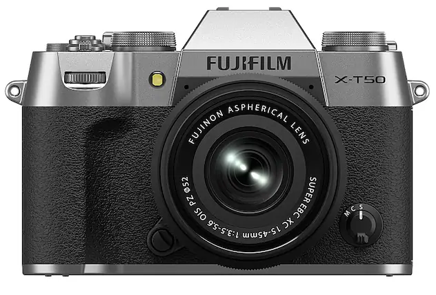 The image features a FUJIFILM X-T50 camera with an aspherical FUJINON lens. The lens has a focal length of 15-45mm and an aperture of 1:3.5-5.6. The camera is designed for capturing high-quality images and is suitable for various photography needs.