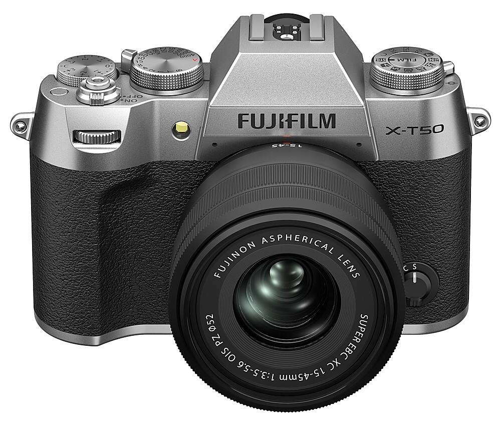 The image features a Fujifilm camera with a large lens. The camera is silver and black in color. The lens is described as an aspherical Fujinon lens, which is likely designed to provide high-quality images and reduce distortion. The camera is equipped with a 15-45mm lens, which offers a versatile focal range for various photography needs. The image is categorized as a digital camera, showcasing the technology and design of modern photography equipment.