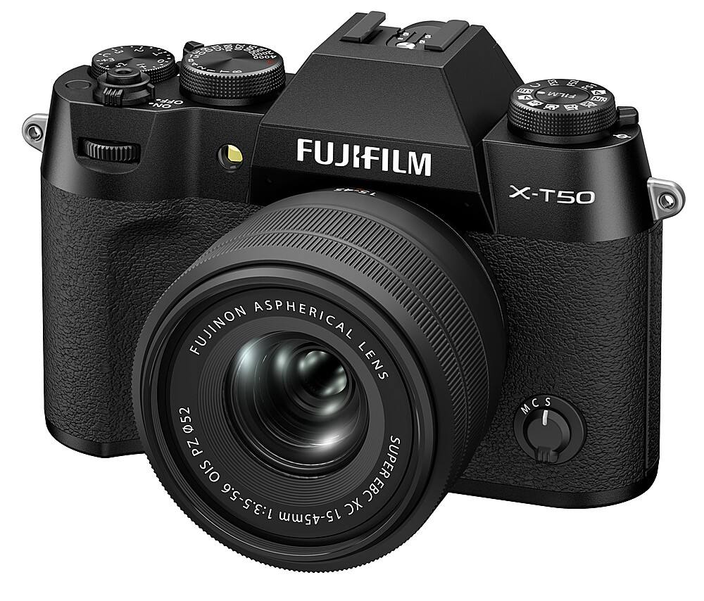 The image features a black Fujifilm X-T50 camera with a large lens. The camera is designed for digital photography and is equipped with a Fujinon aspherical lens, which offers superior image quality. The lens has a focal length of 15-45mm and is capable of capturing images with a 1:3.5-5.6 aperture. The camera is compact and easy to use, making it a popular choice for photographers of all skill levels.