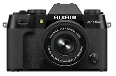 The image features a close-up of a FUJIFILM X-T50 camera lens. The lens is an aspherical FUJINON lens with a focal length of 15-45mm and a 1:3.5-5.6 aperture. The camera is designed for capturing high-quality images and is equipped with advanced features for professional photography. The lens is the main focus of the image, showcasing its details and capabilities.