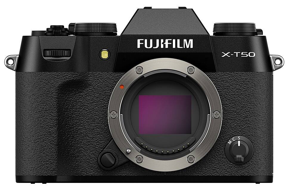 The image features a black FUJIFILM X-T50 camera with a large lens. The camera is positioned in a way that the lens is prominently visible, showcasing its size and quality. The camera is likely designed for professional photography, as it is a high-end model. The image is categorized as Digital_Cameras, which suggests that it is a product image of the camera.
