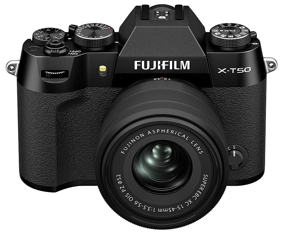 The image features a black Fujifilm X-T50 camera with a large lens. The camera has a black and silver color scheme, and the lens is described as an aspherical Fujinon lens. The camera is positioned in a way that the lens is prominently displayed, showcasing its features and quality.