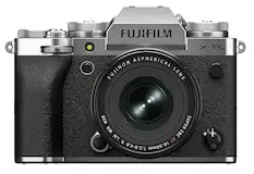 The image features a close-up of a FUJIFILM camera with an aspherical FUJINON lens. The camera is designed for the X-T5 model, and it has a 58mm super wide-angle lens with a 1:2.8-4.8 aperture. The camera is equipped with a 16-50mm MCS lens, making it suitable for various photography needs.