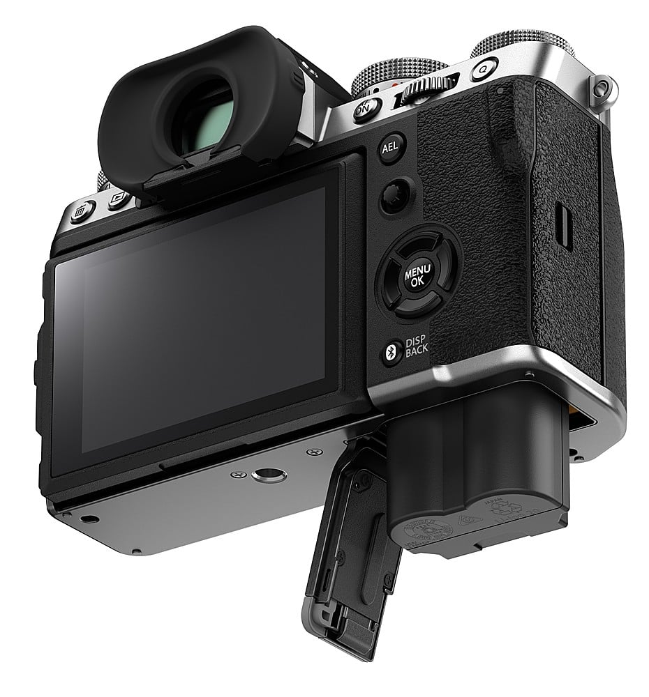 The image features a digital camera with a large screen on the front. The camera has a black and silver color scheme, and it is turned on. The screen displays the menu, which includes options such as OK, AEL, and DISP. The camera also has a viewfinder on the top, which is used for focusing and framing shots. The camera is designed for capturing high-quality images and is likely used by photographers for various purposes.