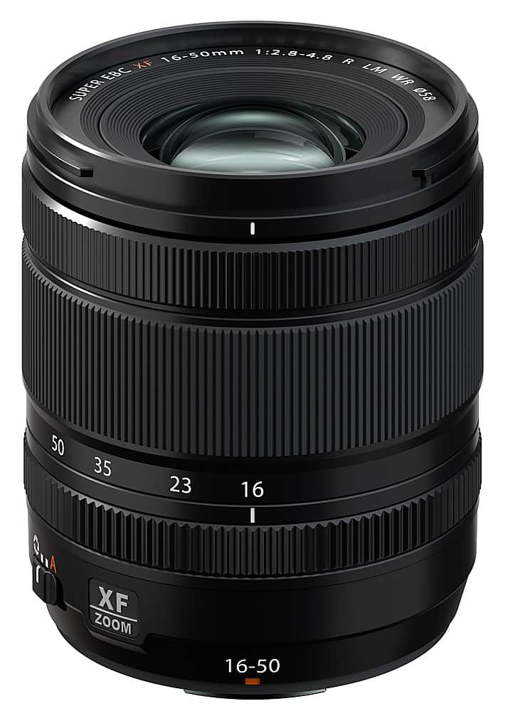 The image features a close-up of a black lens, which is a part of a digital camera. The lens has a focal length of 16-50mm and is designed with a 1:2.8-4.8 aperture. The lens is made by a company called XF, and it is equipped with a zoom feature. The lens is also water-resistant and has a clean, professional appearance.