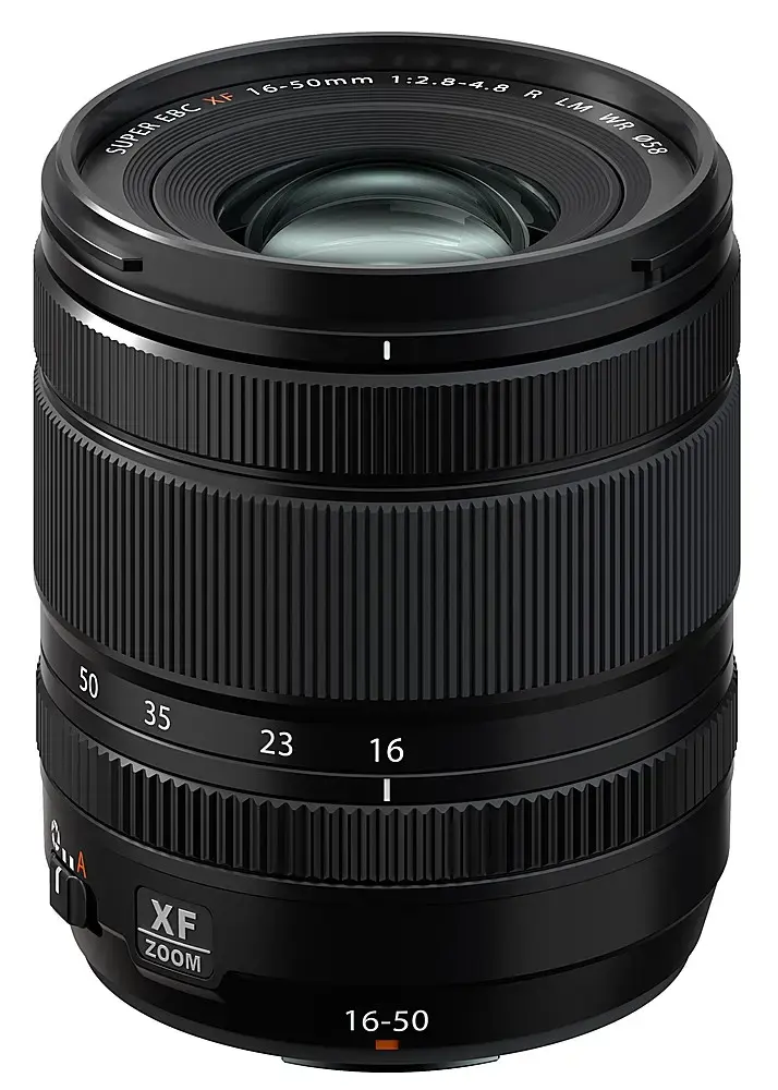 The image features a close-up of a black lens, which is a part of a digital camera. The lens has a focal length of 16-50mm and is designed with a 1:2.8-4.8 aperture. The lens is made by a company called XF, and it is equipped with a zoom feature. The lens is also water-resistant and has a clean, professional appearance.