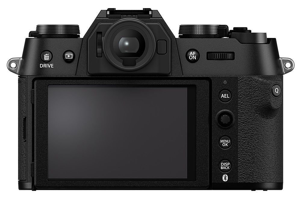 The image features a digital camera with a large display screen. The camera has a viewfinder and a display screen, which allows the user to see the image they are capturing. The camera is equipped with a drive mode, which enables continuous shooting, and an autofocus feature for better focus. Additionally, the camera has a menu option to adjust settings such as aperture, shutter speed, and other camera settings. The camera also has a back display screen for reviewing images or settings.