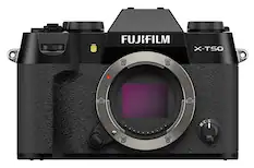 The image features a FUJIFILM X-T50 camera, which is a digital camera. The camera has a large lens and is displayed in a close-up view. The focus is on the camera's lens, showcasing its details. The camera is positioned in a way that highlights its features and design.