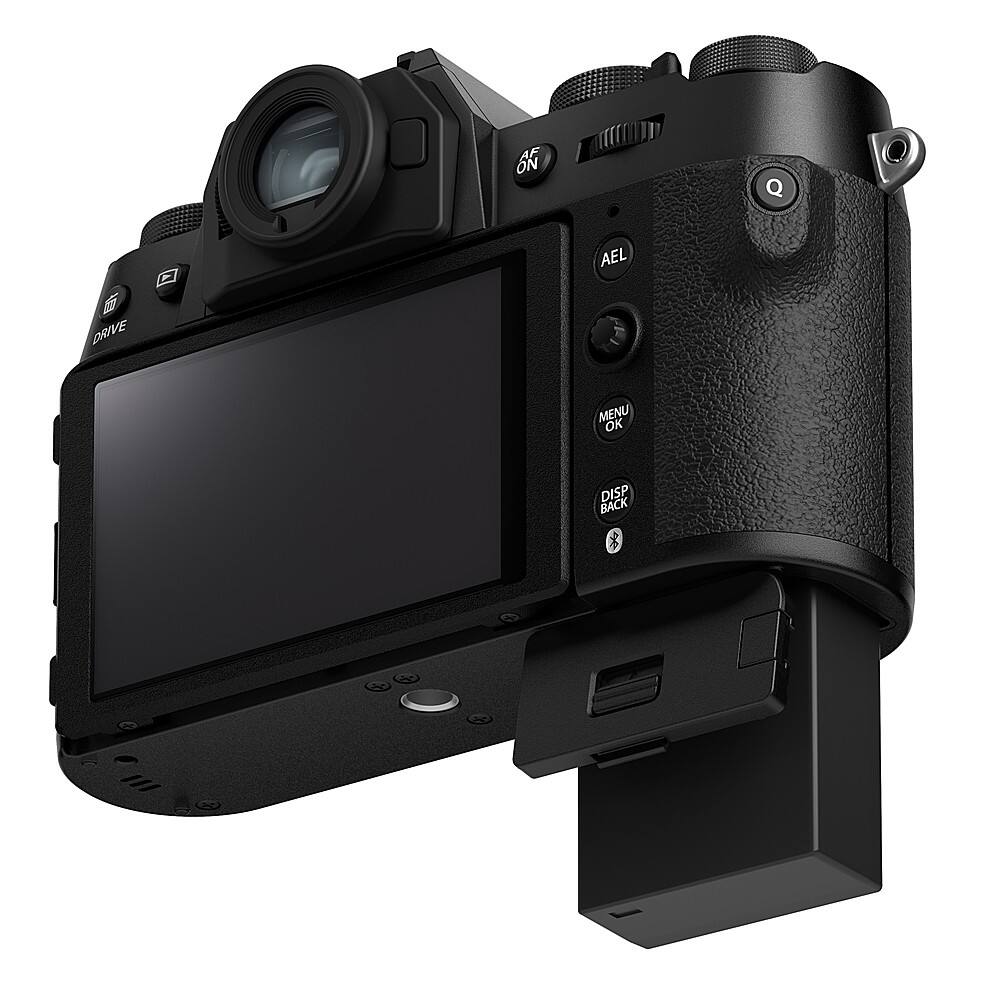 The image features a digital camera with a large screen, which is likely the main focus of the photo. The camera is positioned in a way that the screen is facing the viewer, making it the most prominent element in the image. The camera is also equipped with a viewfinder, which is an essential component for capturing images and videos. The overall composition of the image highlights the camera's features and design, showcasing its capabilities as a digital device.