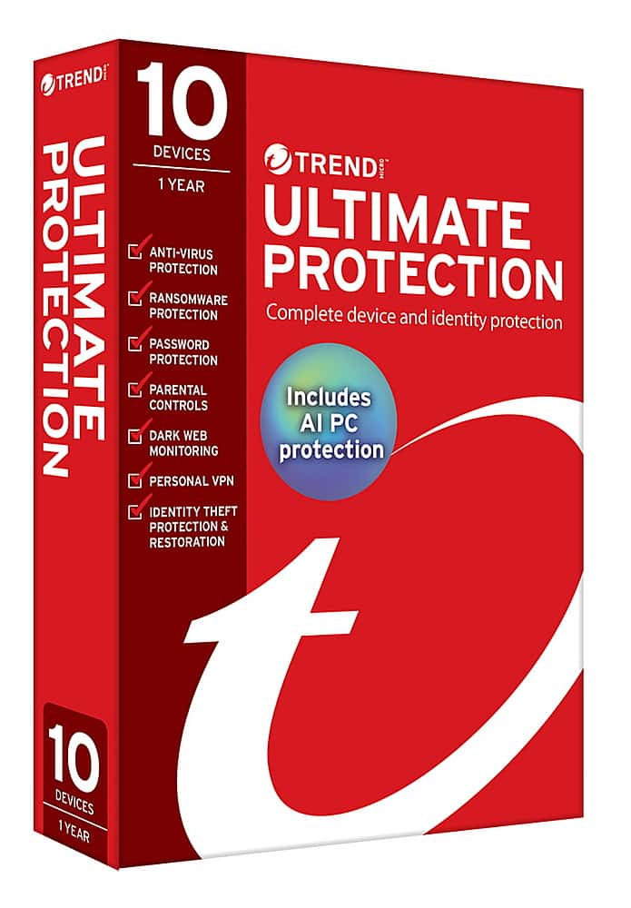 TREND MICRO 10 DEVICES 1 YEAR ULTIMATE PROTECTION: ANTI-VIRUS, RANSOMWARE PROTECTION, PASSWORD MANAGER, DARK WEB MONITORING, PARENTAL CONTROLS, PERSONAL VPN, IDENTITY THEFT PROTECTION & RESTORATION.
