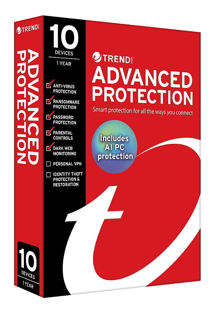 Trend Micro Anti-Virus Advanced Protection: Smart protection for all the ways you connect. Includes: Password Protection, Parental Controls, Dark Web AI PC Monitoring, Personal VPN, Identity Theft Protection & Restoration. 10 Devices, 1 Year.