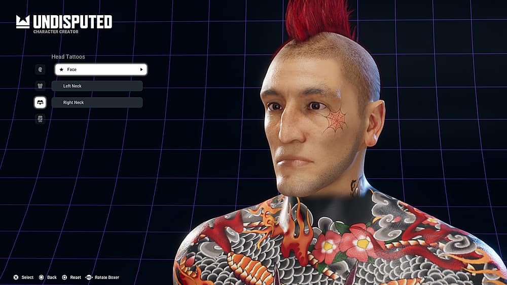 UNDISPUTED CHARACTER CREATOR Head Tattoos Face Left Neck Right Neck x Select Back Reset RS Rotate Boxer
