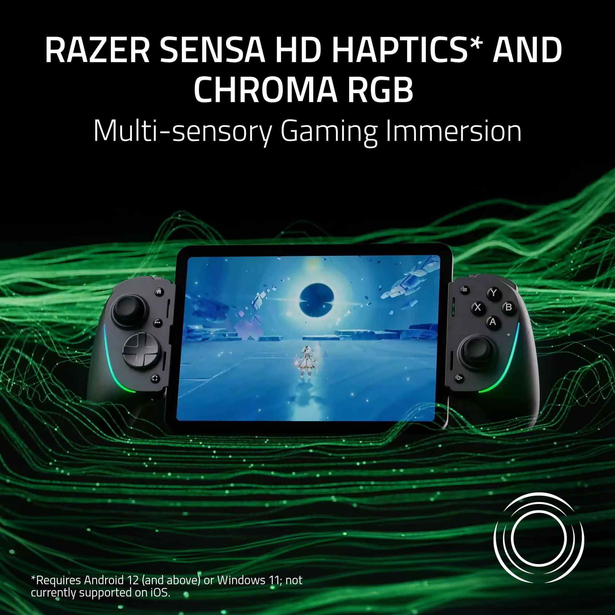 The image features a gaming controller with a screen displaying a game. The controller is designed to provide a multi-sensory gaming experience, as it is equipped with RAZER SENSA HD HAPTICS and CHROMA RGB. The controller is compatible with Android 12 and Windows 11, but it is not currently supported on iOS. The controller is being advertised as a way to enhance the gaming experience with its advanced features.