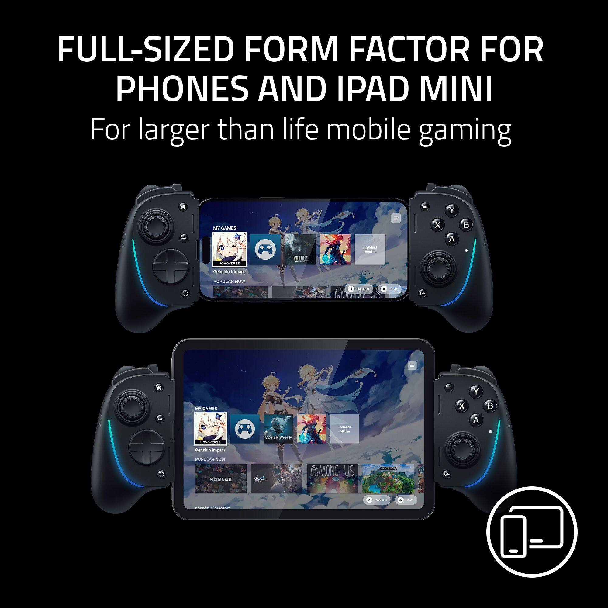 The image features a full-sized form factor for phones and iPad Mini, offering a larger than life mobile gaming experience. The controller is designed for larger than life mobile gaming and is compatible with various games, including popular titles like Among Us. The controller is equipped with buttons and a touch screen, providing an immersive gaming experience for users.
