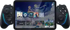 The image features a gaming controller with a screen displaying several games, including Warframe, Genshin Impact, and Roblox. The controller is designed for use with a tablet, and it is likely that the games are being played on the tablet itself. The controller has a sleek design and is likely to be comfortable and easy to use for extended gaming sessions.