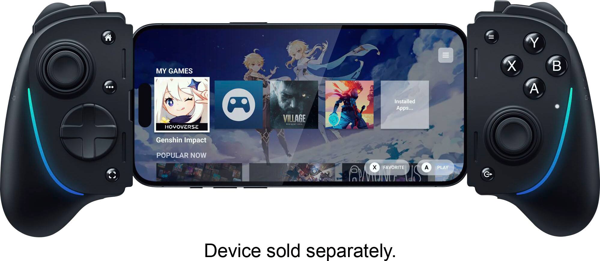 The image features a Nintendo Switch controller with a screen displaying various games. The controller is positioned in front of a blue sky background. The screen shows a selection of games, including Genshin Impact, which is currently popular and a favorite among users.