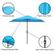 The image features a blue umbrella with a vented canopy, heavy-duty fabric, and five supporting steel ribs. The umbrella is easy to open and close using a crank mechanism.