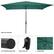The image features a green umbrella with a 1.5" diameter steel pole. The umbrella is designed for easy crank lift and has six steel ribs. The umbrella is shown in different positions, including a close-up view and a view from above. The umbrella is also displayed next to a pole and a black object, possibly a bag.