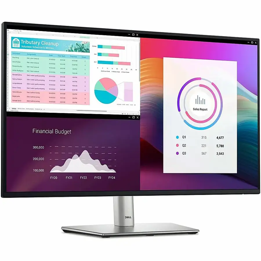 The image features a large computer monitor displaying a financial budget and sales report. The monitor is placed on a desk, and the screen is filled with various graphs and charts. The largest text on the screen reads "Tributary Cleanup Volunteer Schedule & Metrica S -OX Viruntew Acogrmet Te." The cleaned-up text based on the image would be: "Tributary Cleanup Volunteer Schedule & Metrica S -OX Viruntew Acogrmet Te - Sales Report x Financial Budget Q1 315 4,677 300,000 200,000 Q2 Q3 221 567 5,788 3,543 100,000 FY20 FY21 FY22 FY23 FY24 DOLL."