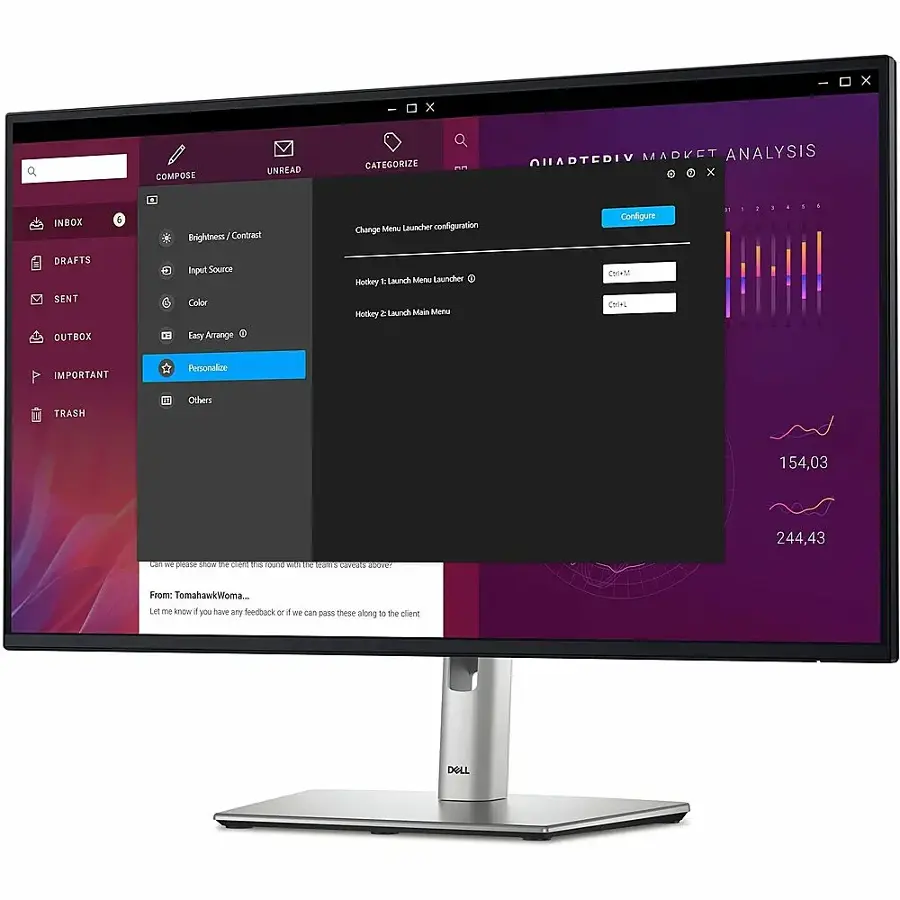 The image features a large computer monitor with a menu open on the screen. The menu includes options such as "Compose", "Unread", "Categorize", "Inbox", "Brightness", "Contrast", "Change Meru Launcher configuration", "Configure Drafts", "Sent", "Input Source", "Color", "Hotkey 1", "Hotkey 2", "Launch Main Menu", "Personalize", and "Trash". The monitor is placed on a stand, and the screen is filled with the menu, making it the main focus of the image.