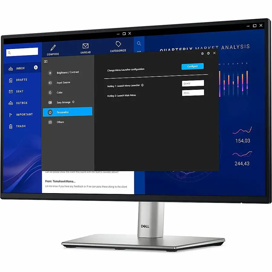 The image features a Dell computer monitor with a blue background. The monitor is displaying a menu with various options, including "Google Drive," "Highlights," "Trash," and "Important." The menu also includes a "compose" option, which allows the user to create a new email. The monitor is sitting on a desk, and the overall scene is focused on the computer screen and its contents.