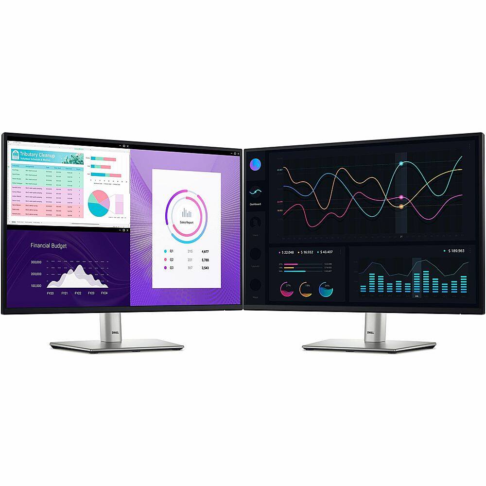 The image features two computer monitors side by side, each displaying different graphs and data. The left monitor shows a graph with a purple background, while the right monitor displays a graph with a black background. The monitors are placed on a desk, and the graphs are clearly visible on both screens. The text "Financial Budget" is also present in the image, likely indicating the purpose of the displayed data.