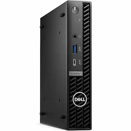 The image features a black Dell OptiPlex computer tower. The computer has a USB port and a power button on the front. The Dell logo is prominently displayed on the side of the tower.