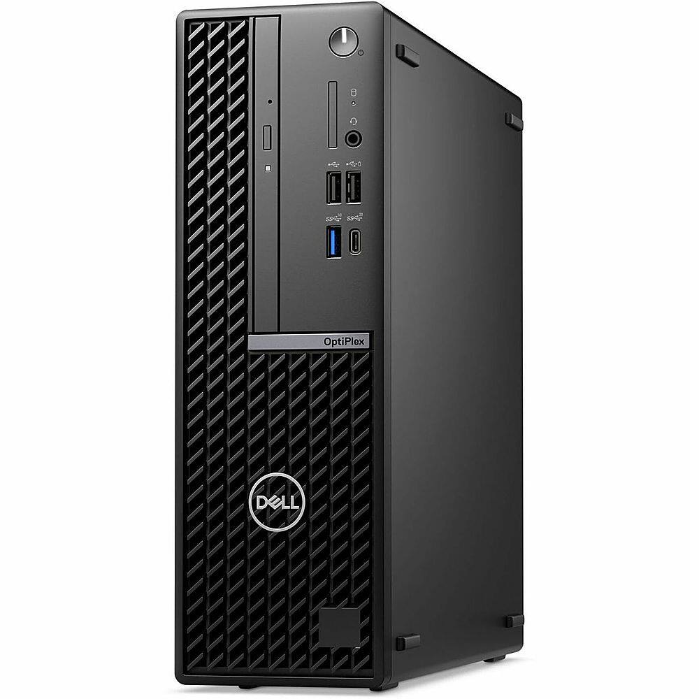 The image features a black Dell computer tower with a silver logo on the front. The tower is sitting on top of a white background, making it stand out prominently. The Dell OptiPlex computer is a powerful machine, designed for business and enterprise use.