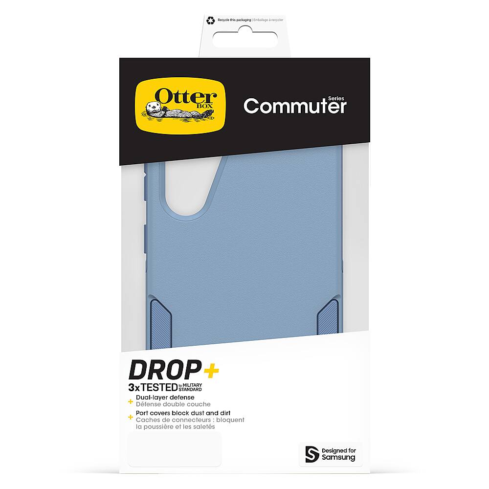 The image features a blue Otter Series BOX Commuter case for a Samsung device. The case is designed to protect the device from dust, dirt, and other elements. The case is also equipped with a drop protection feature, ensuring that the device remains safe in case of accidental drops. The case is made with a dual-layer defense system, providing extra protection for the device. The case also includes a port cover to block dirt and dust from entering the device's ports. Overall, the case is a practical and durable solution for protecting a Samsung device from everyday wear and tear.