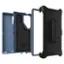 The image shows a black and blue case for a cell phone, with the black case being the main focus. The case is designed by Otterbox and is specifically for the Defender Pro model. The case is opened, revealing the blue interior which is designed to protect the cell phone from drops and other potential damage. The case is made of durable materials to ensure the safety of the phone while being carried around.
