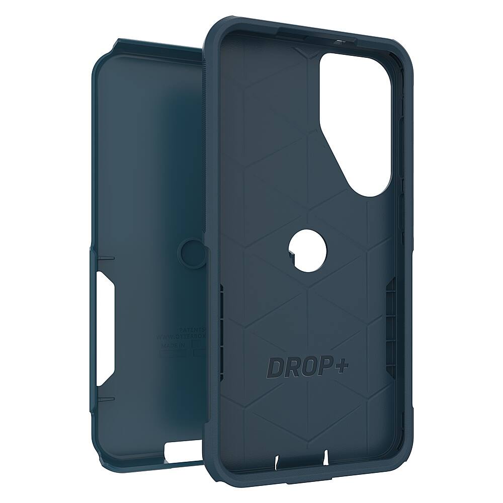 The image features a black case for a cell phone, which is made by the company Drop+. The case is designed to protect the phone and is available in a variety of colors. The case is made of hard plastic and has a unique pattern on the back. The case is also advertised as being patented, which suggests that it has a distinct design or technology that sets it apart from other phone cases.