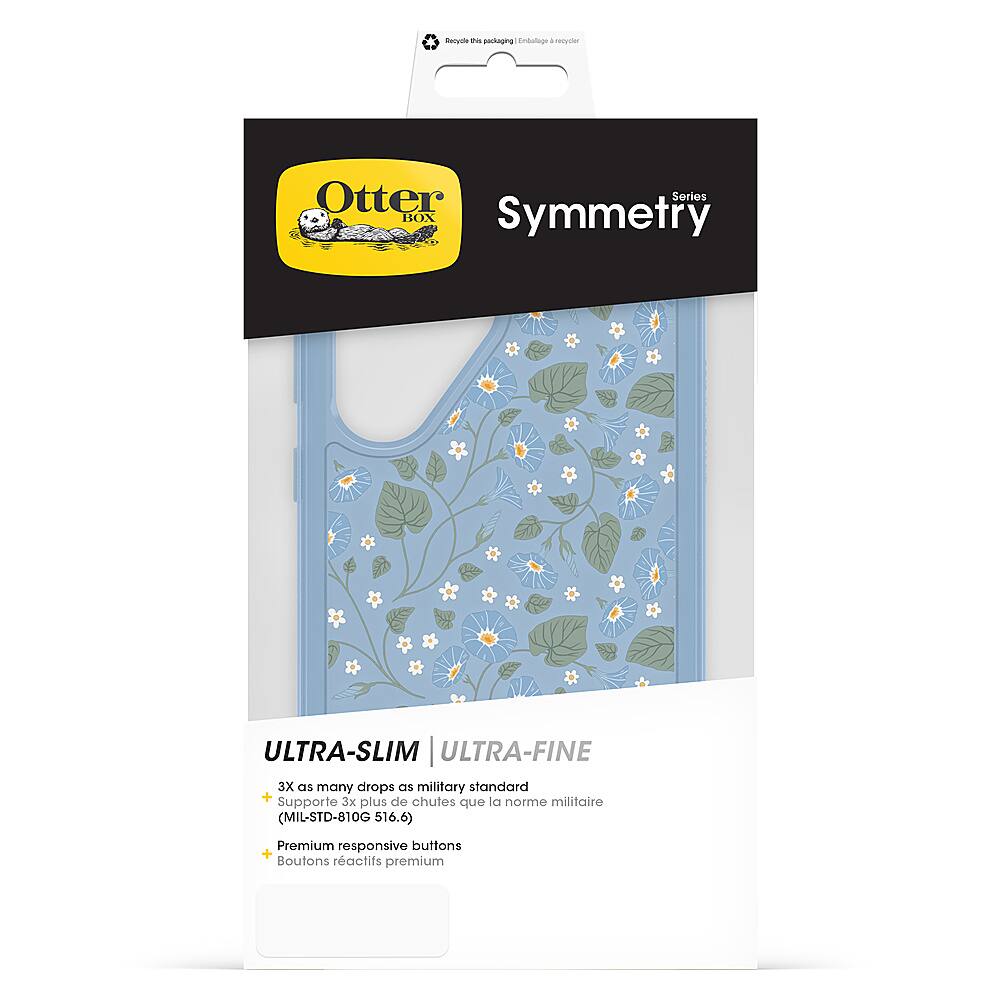 The image features a packaging box for a product called "Symmetry" by Otter. The box is blue and white in color, and it is designed to hold a product that is ultra-slim and ultra-fine. The packaging is made to meet military standards, ensuring durability and reliability. The box also contains premium responsive buttons, adding to the overall quality of the product.