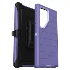The image features a purple Otterbox case for a cell phone. The case is designed to protect the phone from drops and impacts, and it has a sleek, modern appearance. The case is open, revealing the phone inside. The Otterbox logo is prominently displayed on the case, emphasizing its brand and purpose.