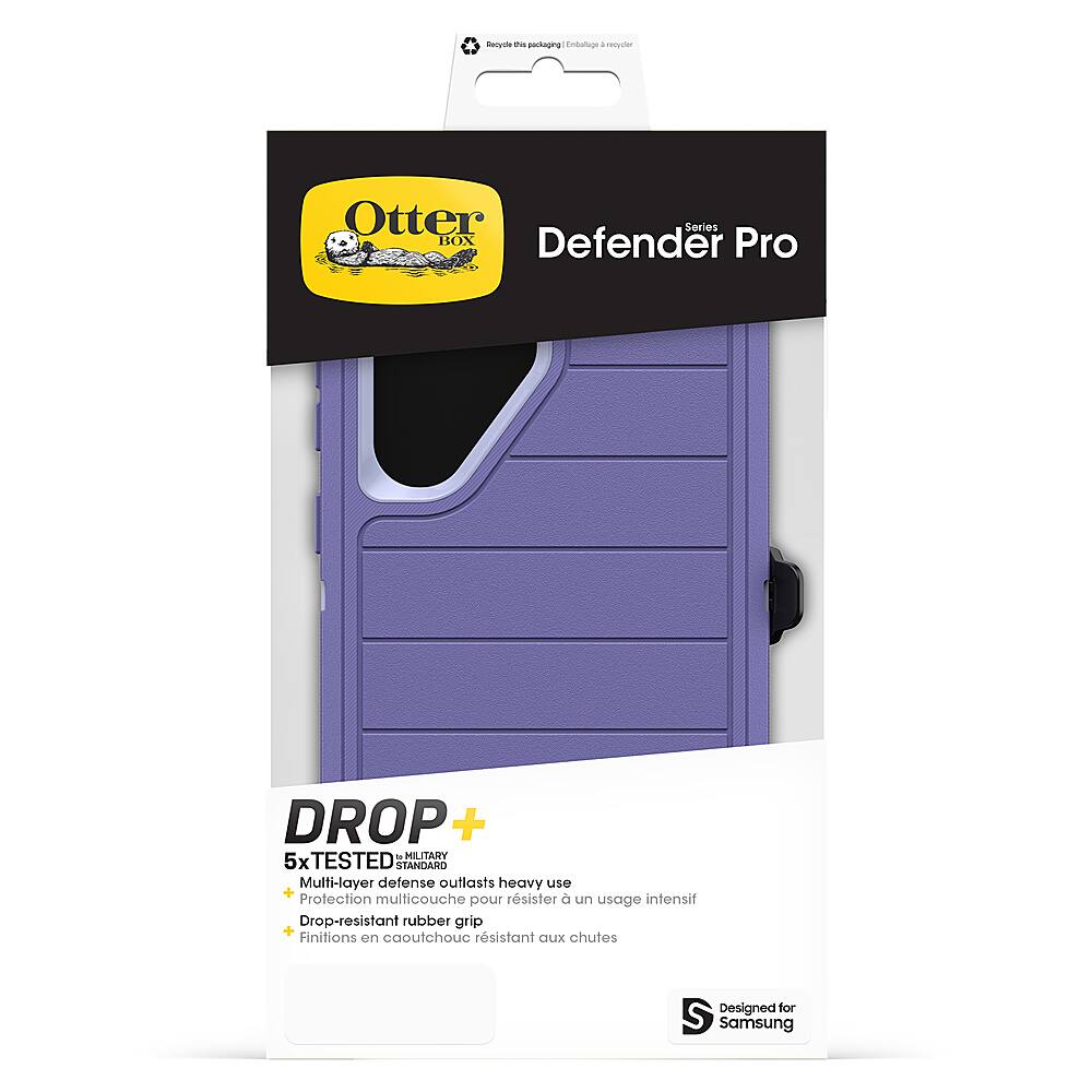 The image features a purple Otterbox Defender Pro case for a Samsung device. The case is designed to be drop-resistant and has a rubber grip for added protection. The case is also military-tested, ensuring its durability and reliability. The packaging for the case is in a black and yellow color scheme, with the Otterbox logo prominently displayed.