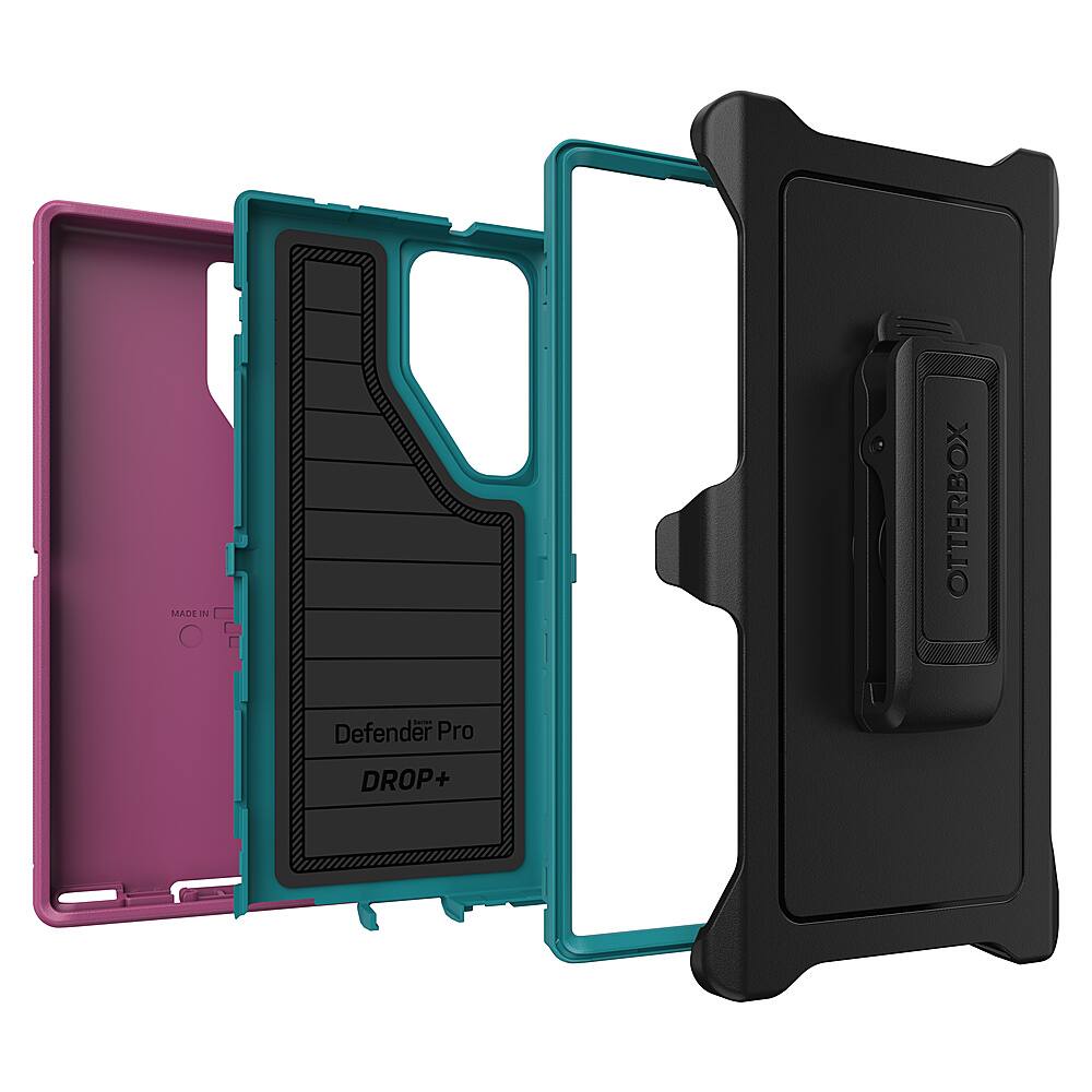 The image features three different colored cases for a cell phone, each with a unique design. The cases are made by Otterbox and are designed to protect the phone from drops and other potential damage. The cases come in pink, blue, and black colors, offering a variety of options for users to choose from. The cases are displayed in a way that showcases their features and designs, making it easier for customers to make an informed decision when selecting a case for their phone.