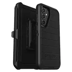 The image features a black Otterbox case for an iPhone. The case is designed to protect the phone from drops and impacts, and it has a built-in stand for hands-free viewing. The case is made of durable materials and has a sleek, modern design. The Otterbox logo is prominently displayed on the case, indicating its brand and purpose.