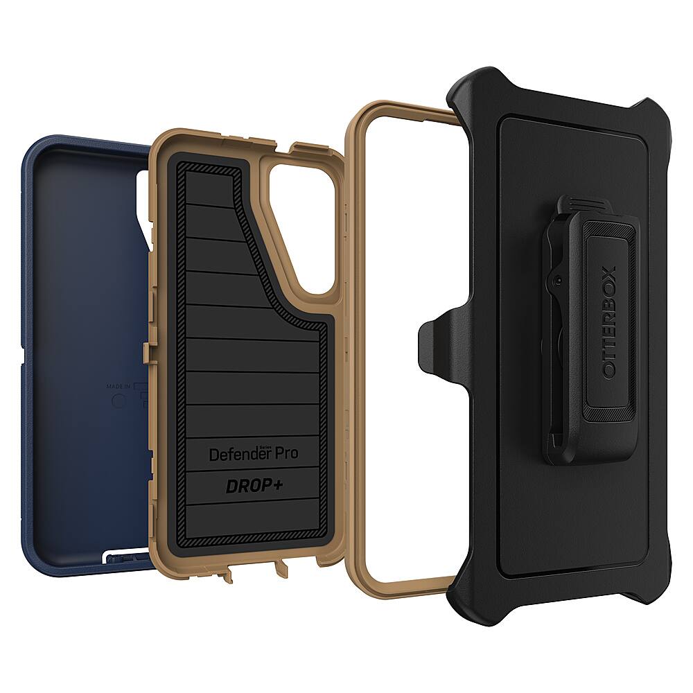 The image showcases a cell phone case with a Defender Pro design, which is made by Otterbox. The case is available in two colors: black and tan. The case is designed to protect the cell phone from drops and other potential damage. The case is open, revealing the phone inside, and it can be easily attached to a belt loop for added convenience.